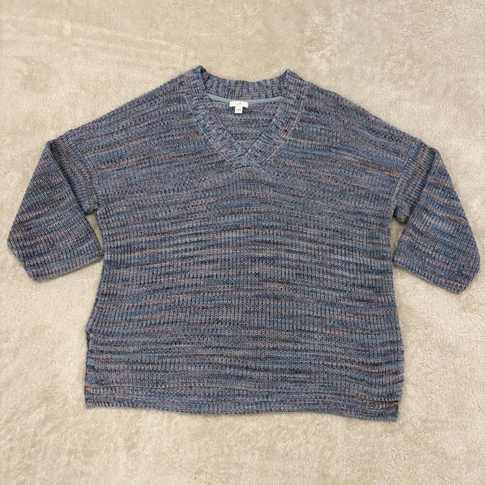 J Jill Womens M Blue Marled 100% Cotton V Neck Knit Sweater Pullover